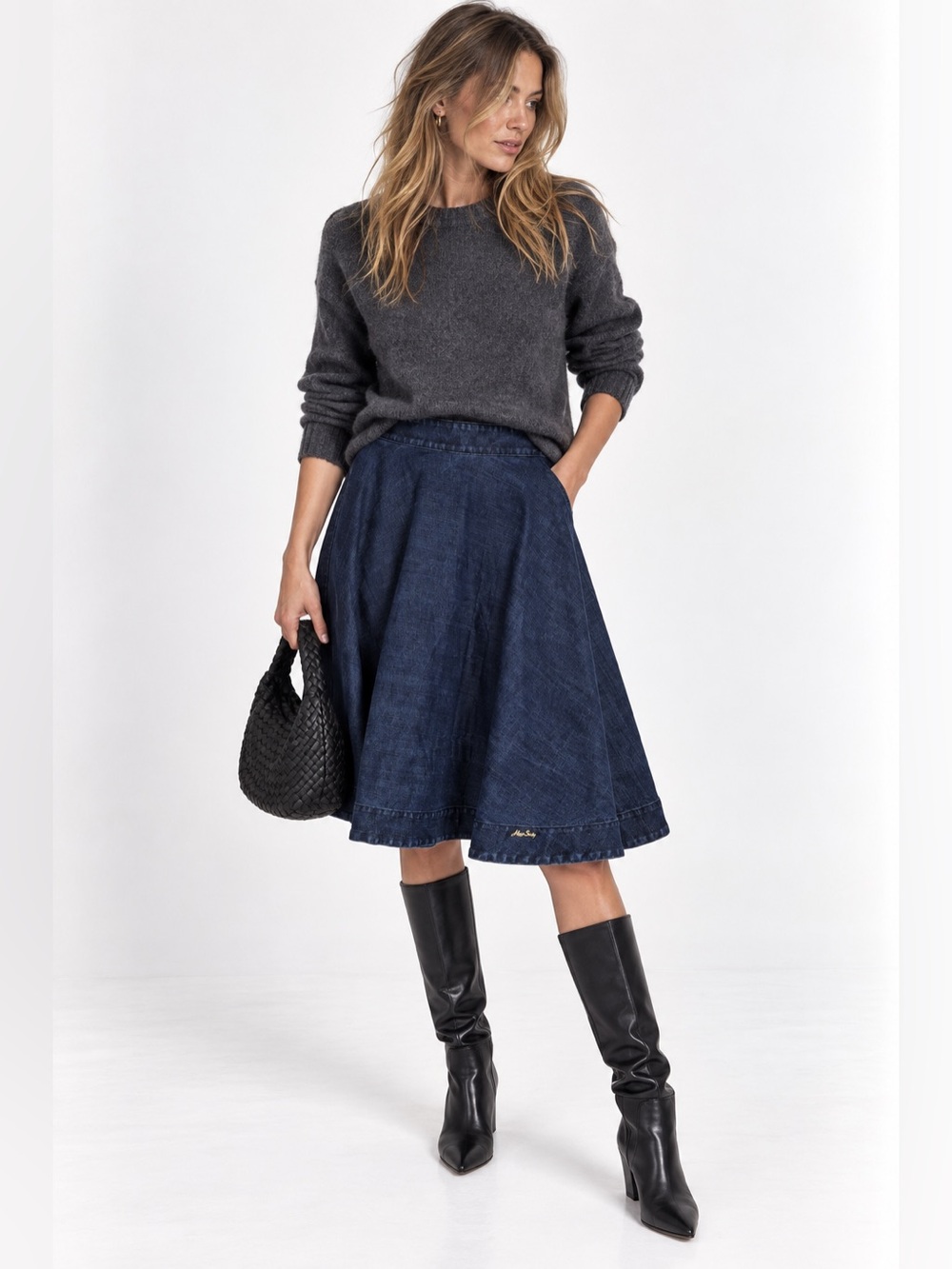 Miss Sixty Kay Skirt Dark Wash Denim A-Line Flared Midi Y2K Blue Size Small